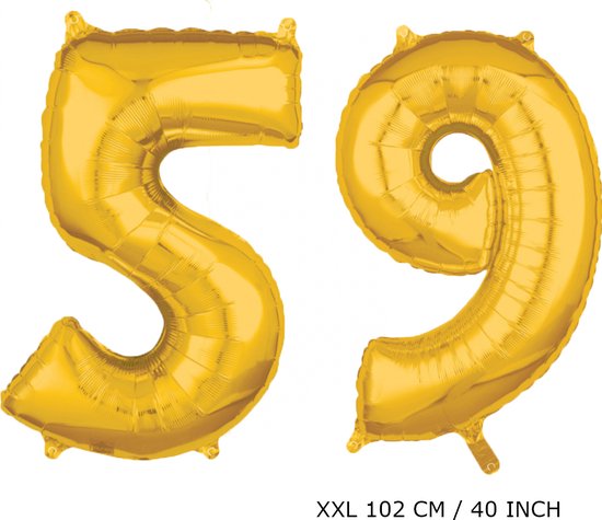 Mega grote XXL gouden folie ballon cijfer 59 jaar.  leeftijd verjaardag 59 jaar. 102 cm 40 inch. Met rietje om ballonnen mee op te blazen.