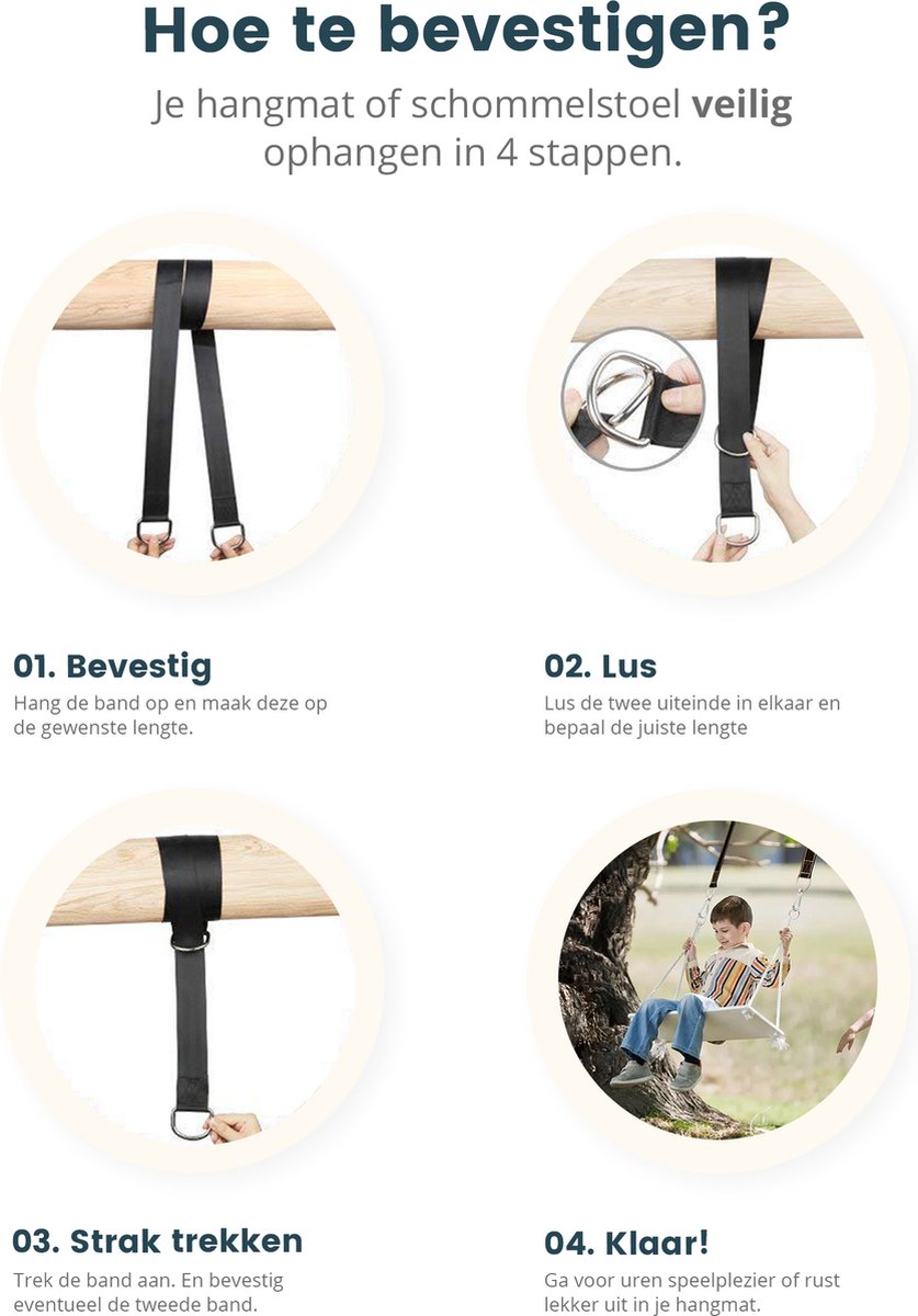 Ophangsysteem voor Hangmat/Schommel/Nestschommel - Hangmat Ophangen - Hangmat Ophangsysteem - Hangmat Bevestigingsset - Ophangset - Schommelbevestiging - Inclusief Haken - Karabijnhaak - 150cm - set van 2 stuks - Zwart - Tot 700 kg — afbeelding 3