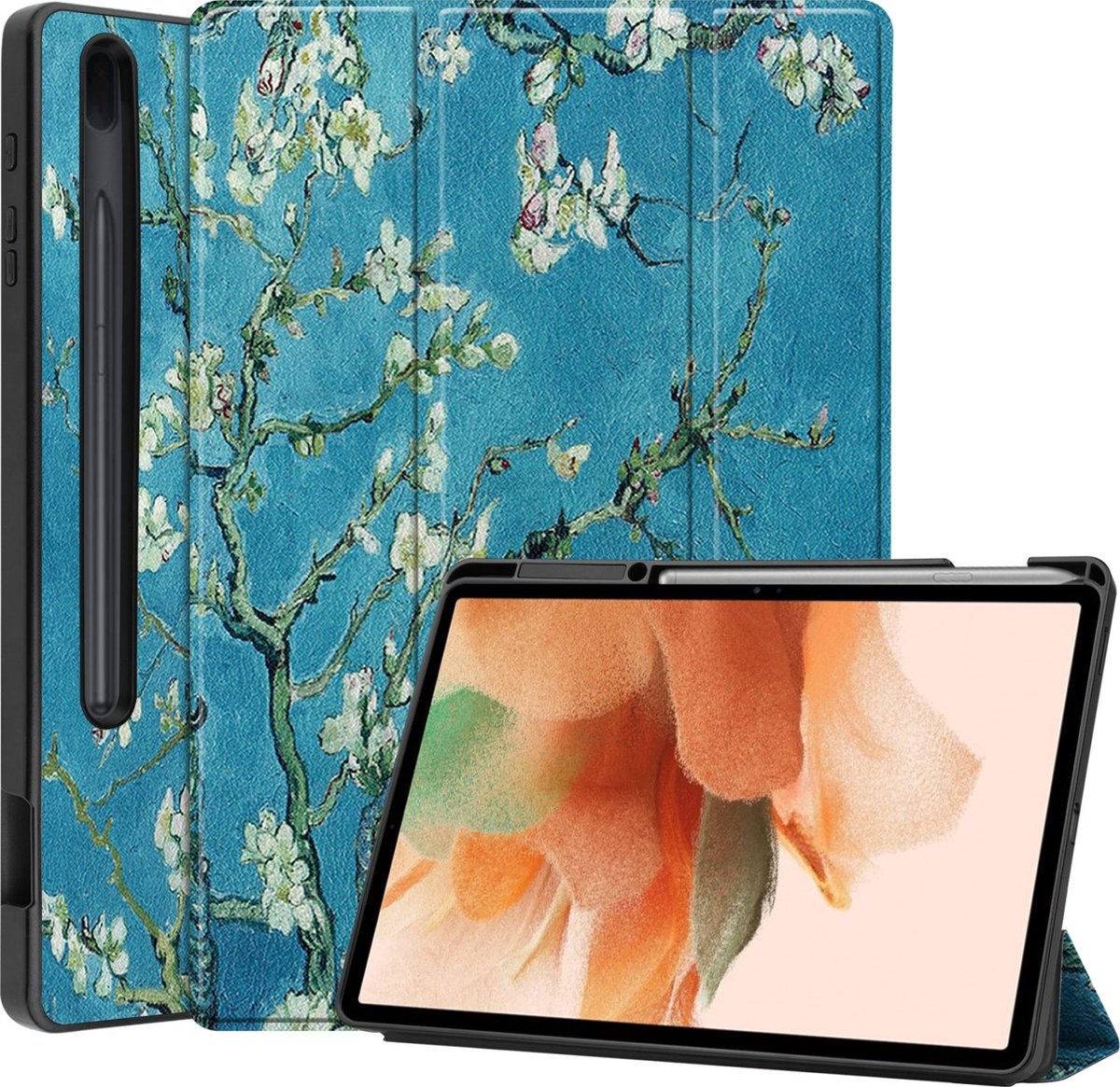 Mobigear Tablethoes geschikt voor Samsung Galaxy Tab S7 FE Hoes | Mobigear Tri-Fold Gel Bookcase + Stylus Houder - Amandelbloesem
