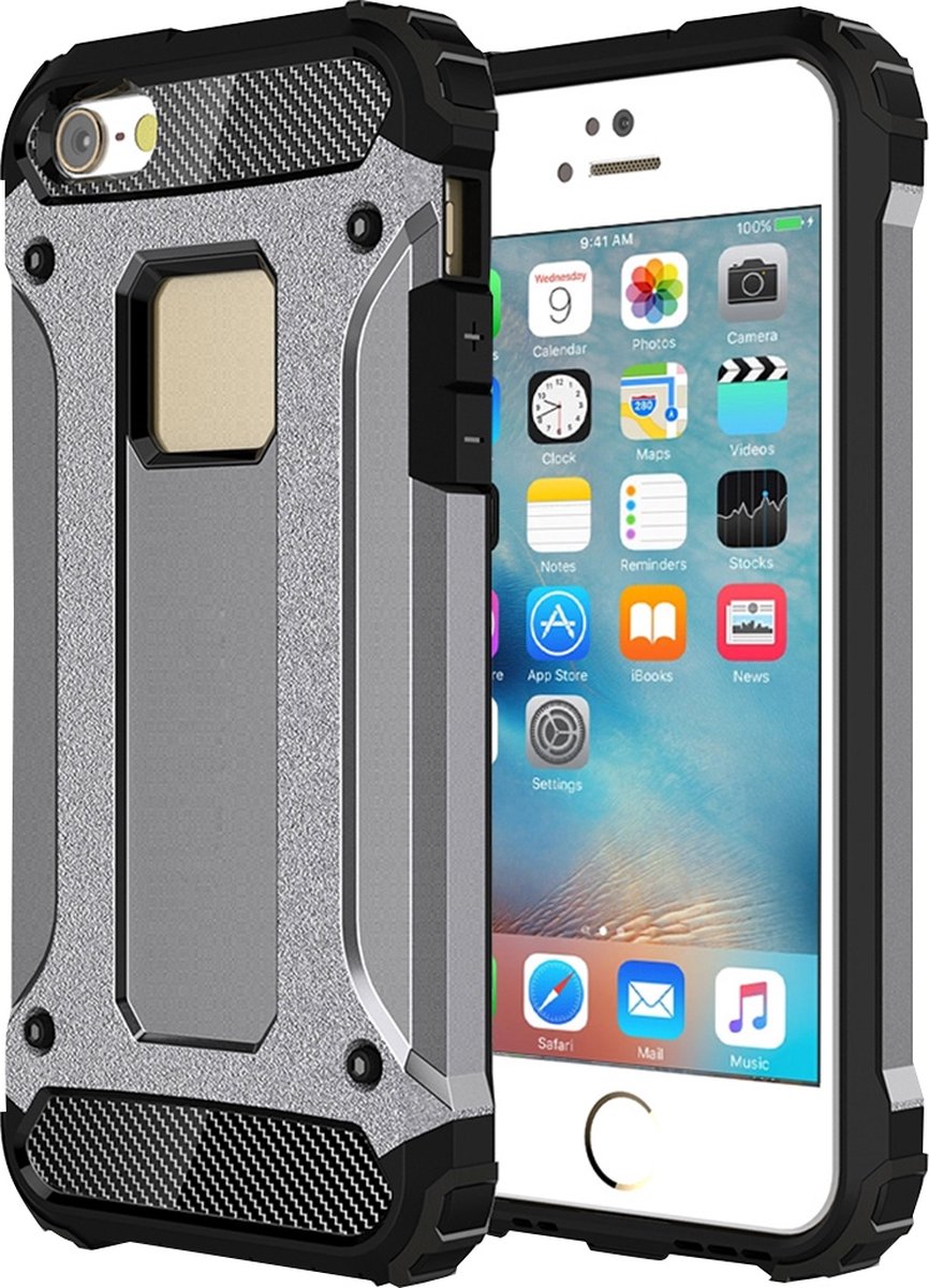 Mobigear Hoesje geschikt voor Apple iPhone SE (2016) Telefoonhoesje Hardcase | Mobigear Outdoor Backcover Shockproof | Schokbestendig iPhone SE (2016) Telefoonhoesje | Anti Shock Proof - Grijs