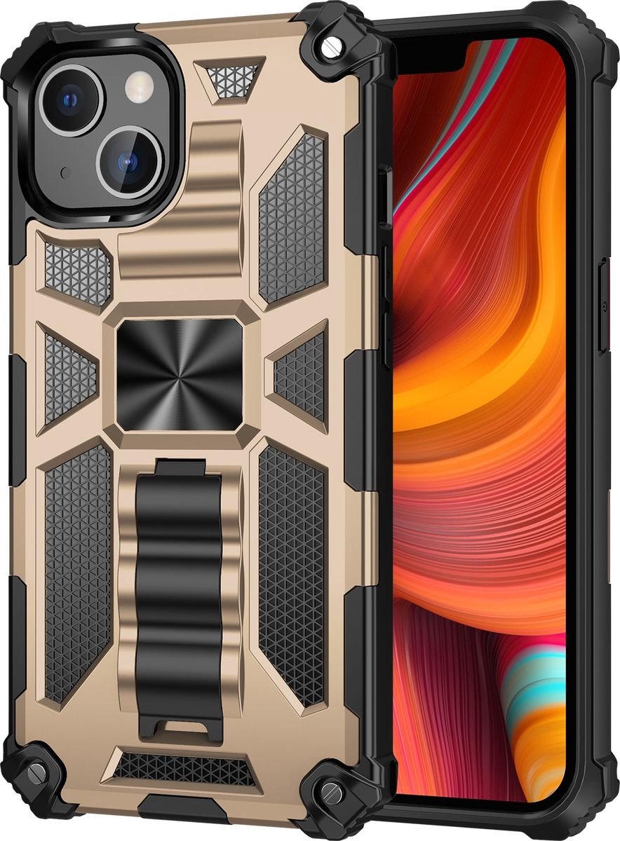 Mobigear Hoesje geschikt voor Apple iPhone 13 Pro Max Telefoonhoesje Hardcase | Mobigear Armor Stand Backcover Shockproof met Standaard | Schokbestendig iPhone 13 Pro Max Telefoonhoesje | Anti Shock Proof - Goud