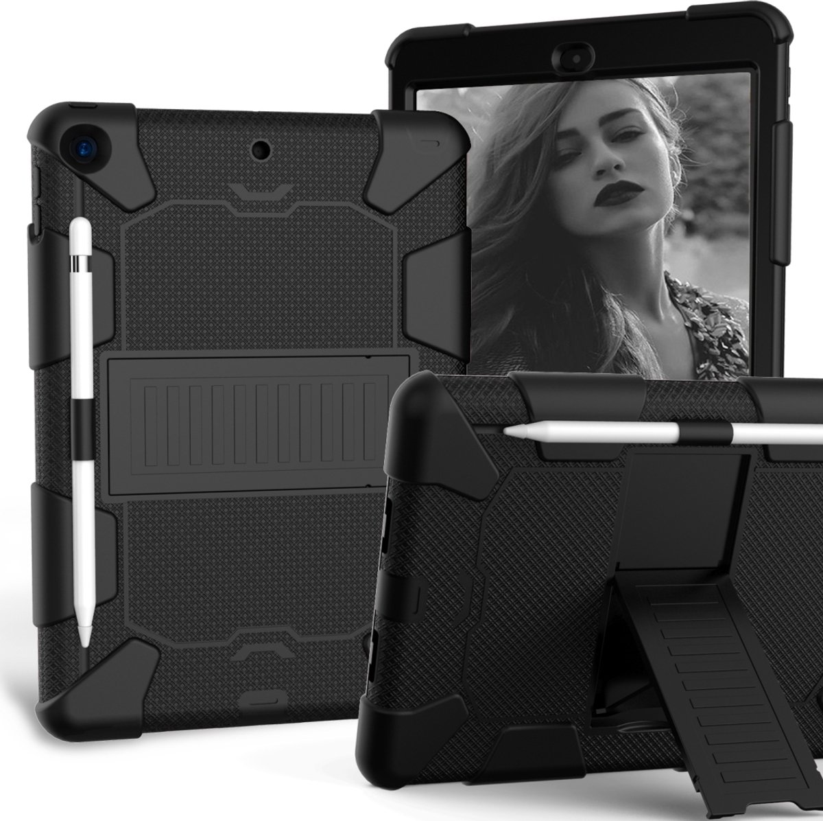 Mobigear Tablethoes geschikt voor Apple iPad 7 (2019) Hardcase Backcover | Mobigear ShieldStand + Stylus Houder | Schokbestendig iPad 7 (2019) Telefoonhoesje | Anti Shock Proof + Standaard - Zwart