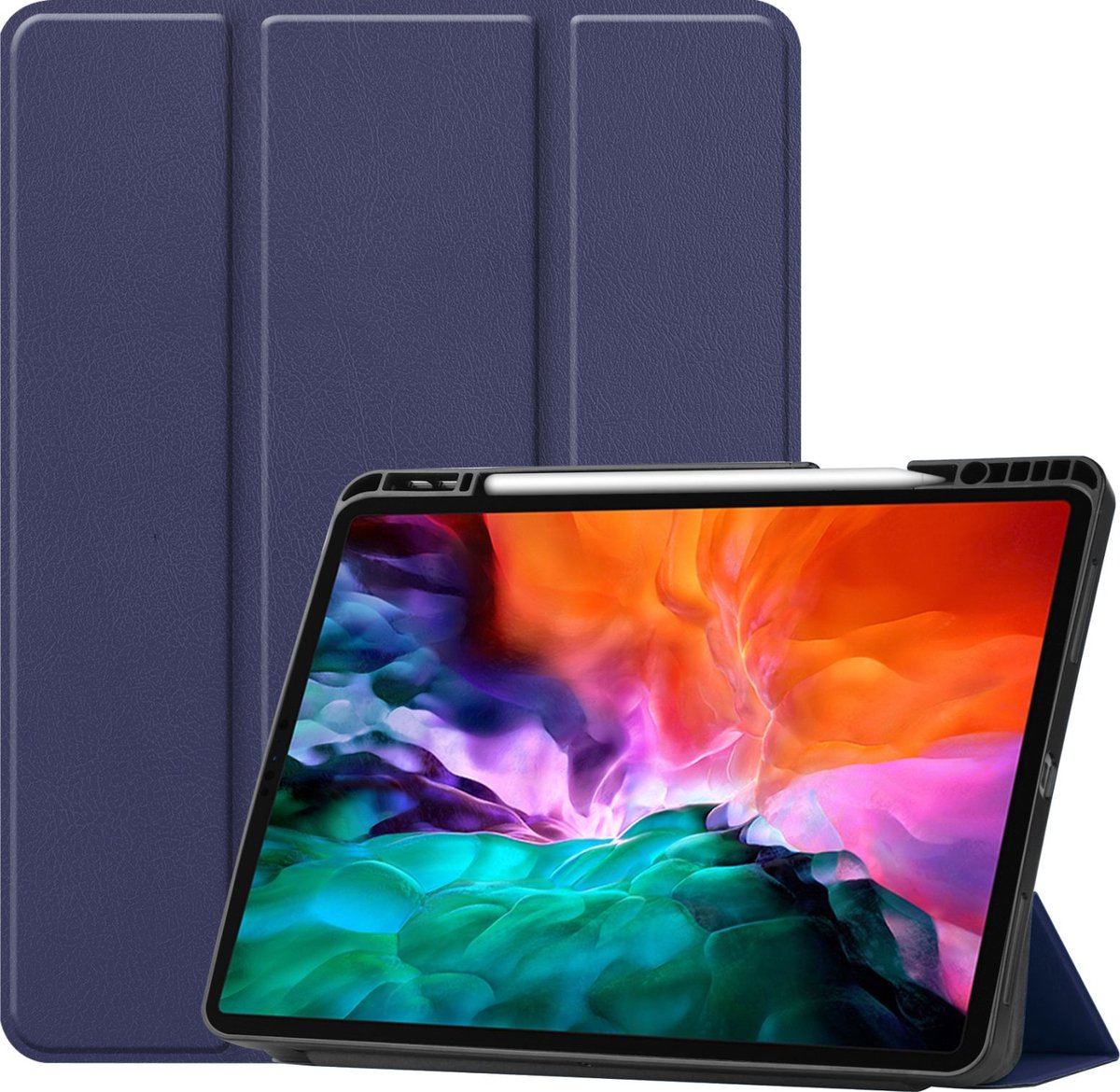 Mobigear Tablethoes geschikt voor Apple iPad Pro 12.9 Inch (2021) Hoes | Mobigear Tri-Fold Gel Bookcase + Stylus Houder - Donkerblauw