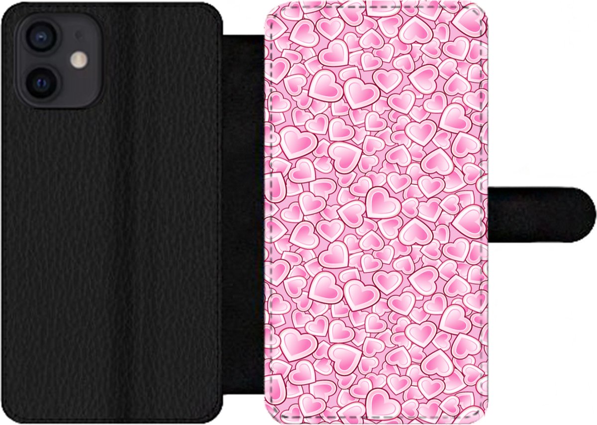 Telefoonhoesje Geschikt voor iPhone 12 telefoonhoesje - Meiden - Hartjes - Roze - Patronen - Girl - Kindje - Kinderen - Met vakjes - Wallet case met magneetsluiting