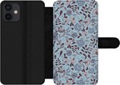 Bookcase Geschikt voor iPhone 12 Mini telefoonhoesje - Patroon - Bloem - Grijs - Blauw - Met vakjes - Wallet case met magneetsluiting