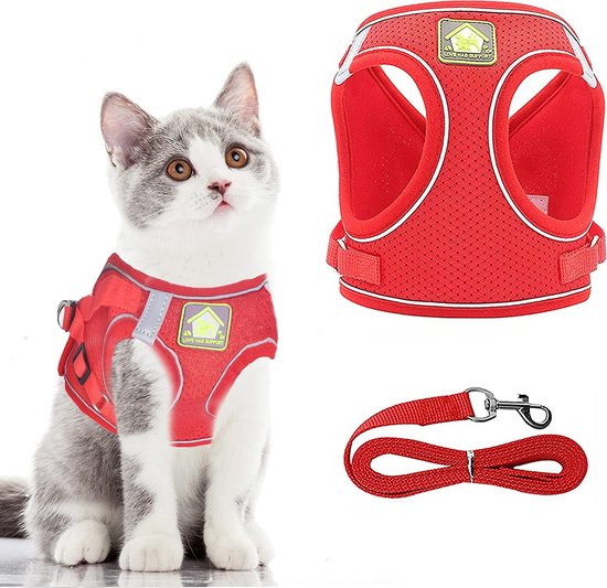 Huisdieren Tuigje Met Looplijn | Kattenharnas en Puppyharnas | Step In Dierentuigje | Kattenriem | Kattenlijn | Kattentuig | Harnas en Riem Voor Katten en Kleine Honden | Escape Proof | Ademend Gaasvest | met Reflecterende strips | Rood | Maat S
