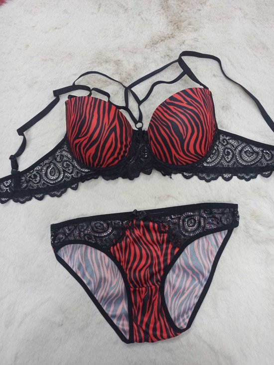 Lingerie- 2-delig set- Voorgevormde beugel beha set- Push-up beha set- Uitdagende ondergoed set- Zebraprint in rood- Maat 85B