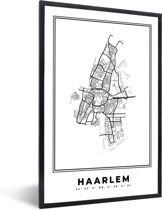 Fotolijst incl. Poster Zwart Wit- Plattegrond – Haarlem – Zwart Wit – Stadskaart - Kaart - Nederland - 20x30 cm - Posterlijst