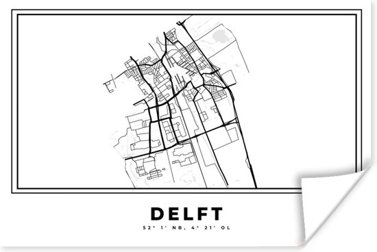 Poster Plattegrond – Delft – Zwart Wit – Stadskaart - Nederland - Kaart - 120x80 cm