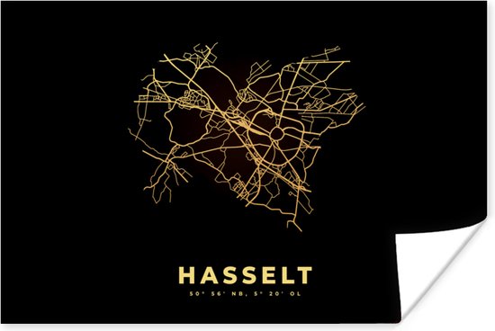 Poster Stadskaart - Kaart - België – Plattegrond – Hasselt - Goud - 30x20 cm