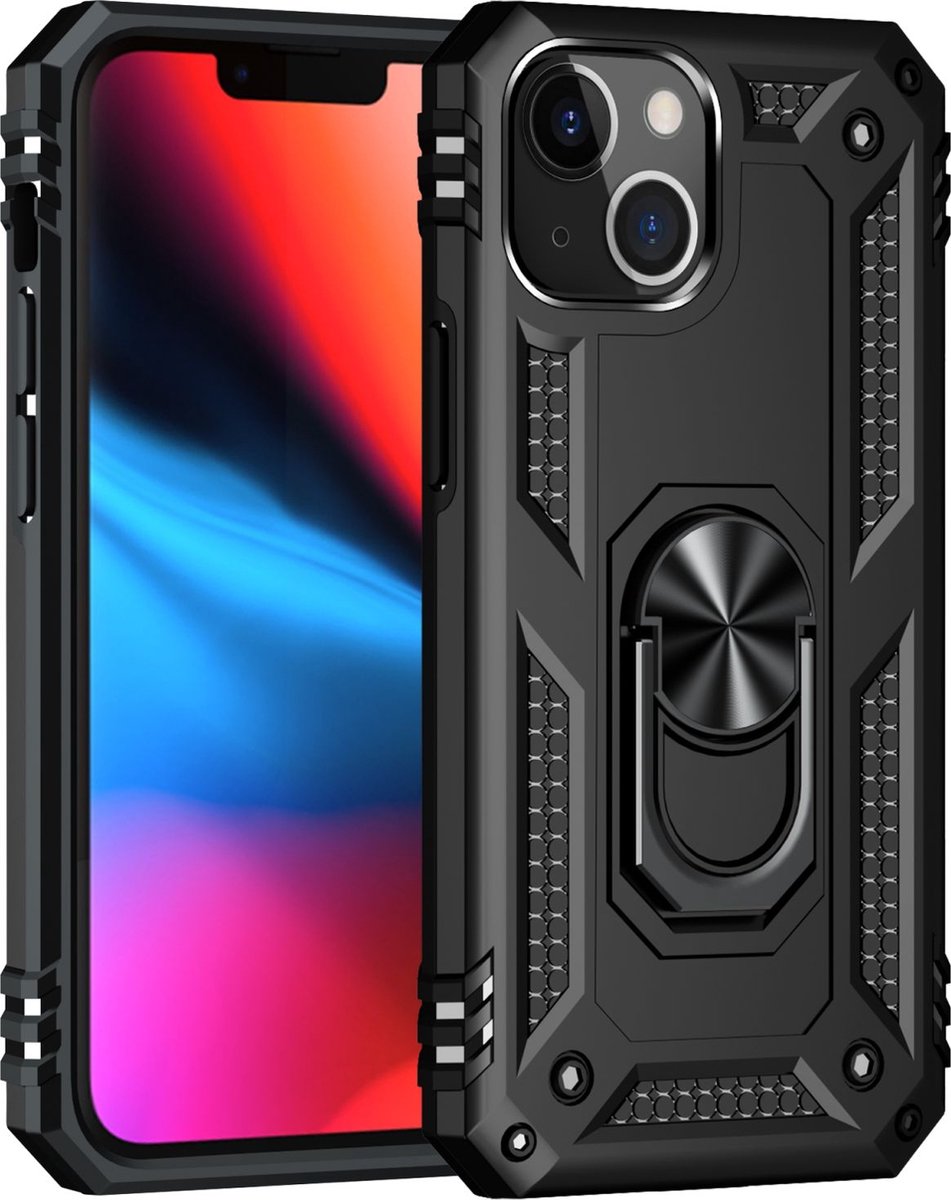 Mobigear Hoesje geschikt voor Apple iPhone 13 Mini Telefoonhoesje Hardcase | Mobigear Armor Ring Backcover Shockproof met Ringhouder | Schokbestendig iPhone 13 Mini Telefoonhoesje | Anti Shock Proof - Zwart