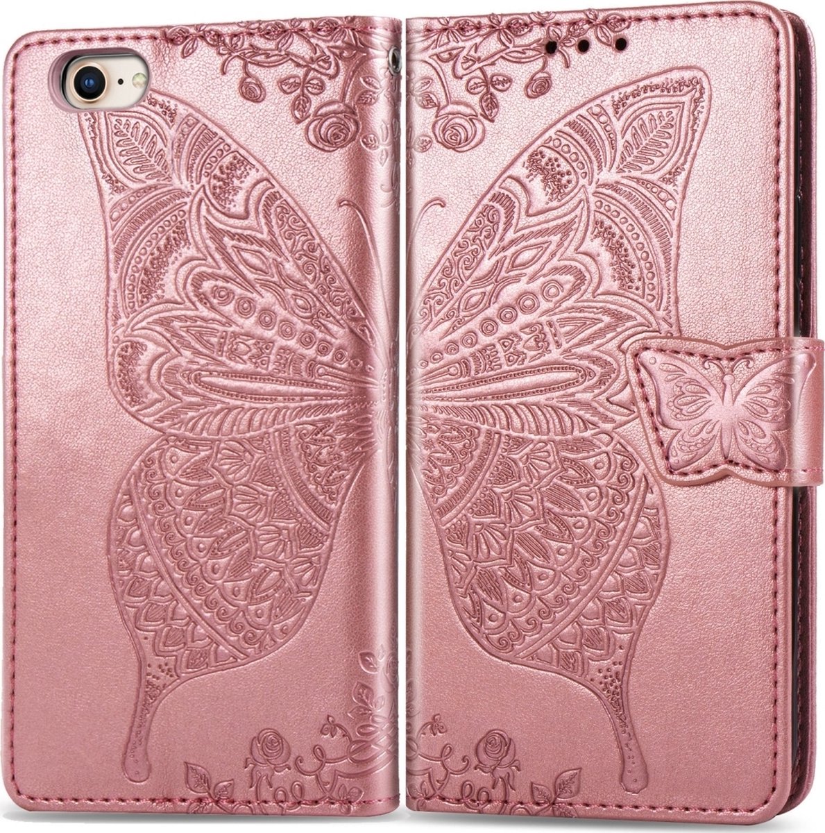 Mobigear Telefoonhoesje geschikt voor Apple iPhone 8 Hoesje | Mobigear Butterfly Bookcase Portemonnee | Pasjeshouder voor 3 Pasjes | Telefoonhoesje voor Pinpas / OV Kaart / Rijbewijs - Roségoud