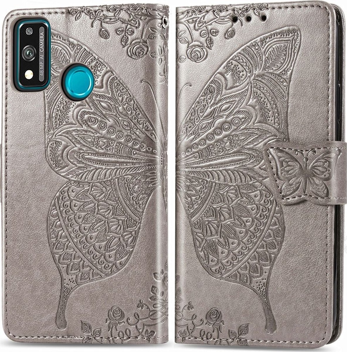 Mobigear Telefoonhoesje geschikt voor HONOR 9X Lite Hoesje | Mobigear Butterfly Bookcase Portemonnee | Pasjeshouder voor 3 Pasjes | Telefoonhoesje voor Pinpas / OV Kaart / Rijbewijs - Grijs