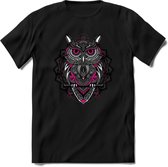 Uil - Dieren Mandala T-Shirt | Roze | Grappig Verjaardag Zentangle Dierenkop Cadeau Shirt | Dames - Heren - Unisex | Wildlife Tshirt Kleding Kado | - Zwart - L