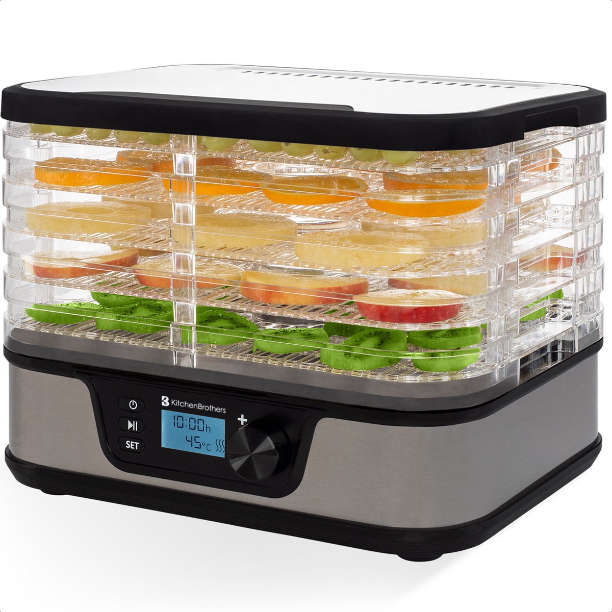 KitchenBrothers Voedseldroger - Elektrisch 380W - 5 Laags - 9 Hitte-niveaus - 35°C tot 75°C - LCD Display - Timer - RVS/Zwart - KitchenBrothers