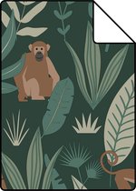 Proefstaal ESTAhome behangpapier jungle apen donkergroen - 139234 - 26,5 x 21 cm