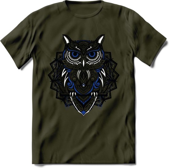 Uil - Dieren Mandala T-Shirt | Donkerblauw | Grappig Verjaardag Zentangle Dierenkop Cadeau Shirt | Dames - Heren - Unisex | Wildlife Tshirt Kleding Kado | - Leger Groen - S