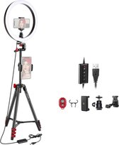 Neewer 25,4 cm led-ringlicht selfie-ringlicht met statiefstandaard, 3 lichtmodi, dimbaar ringlicht met 54-inch statief en telefoonhouder voor live streaming/make-up, YouTube Blogging video-op