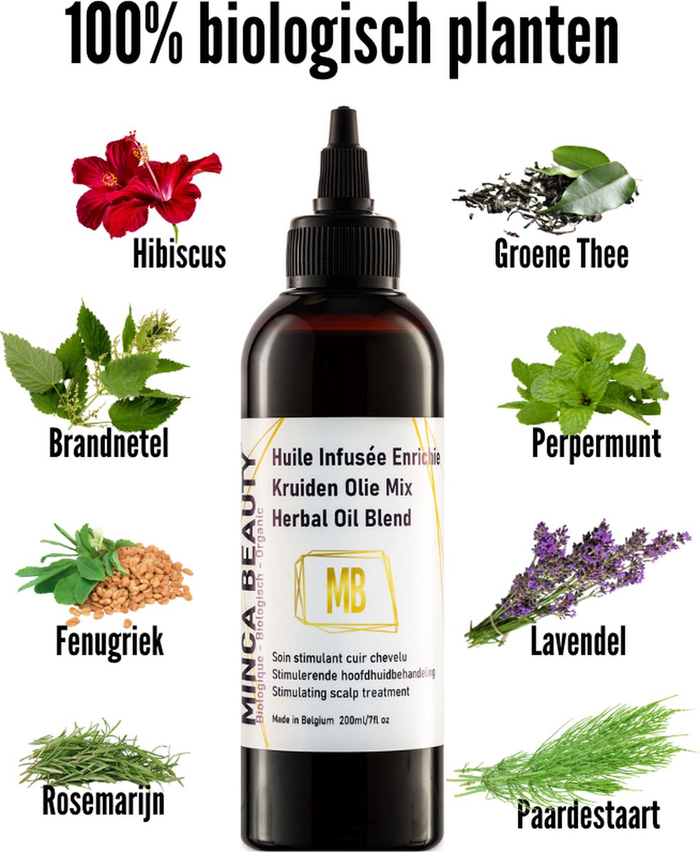 MINCA BEAUTY® - Herbal Olie Mix Biologisch - Haarolie - Haargroei - Haarserum - Ayurvedisch - 100% Biologisch planten en olien - 100% Natuurlijk - Huile Infusée Enrichie - 200ml