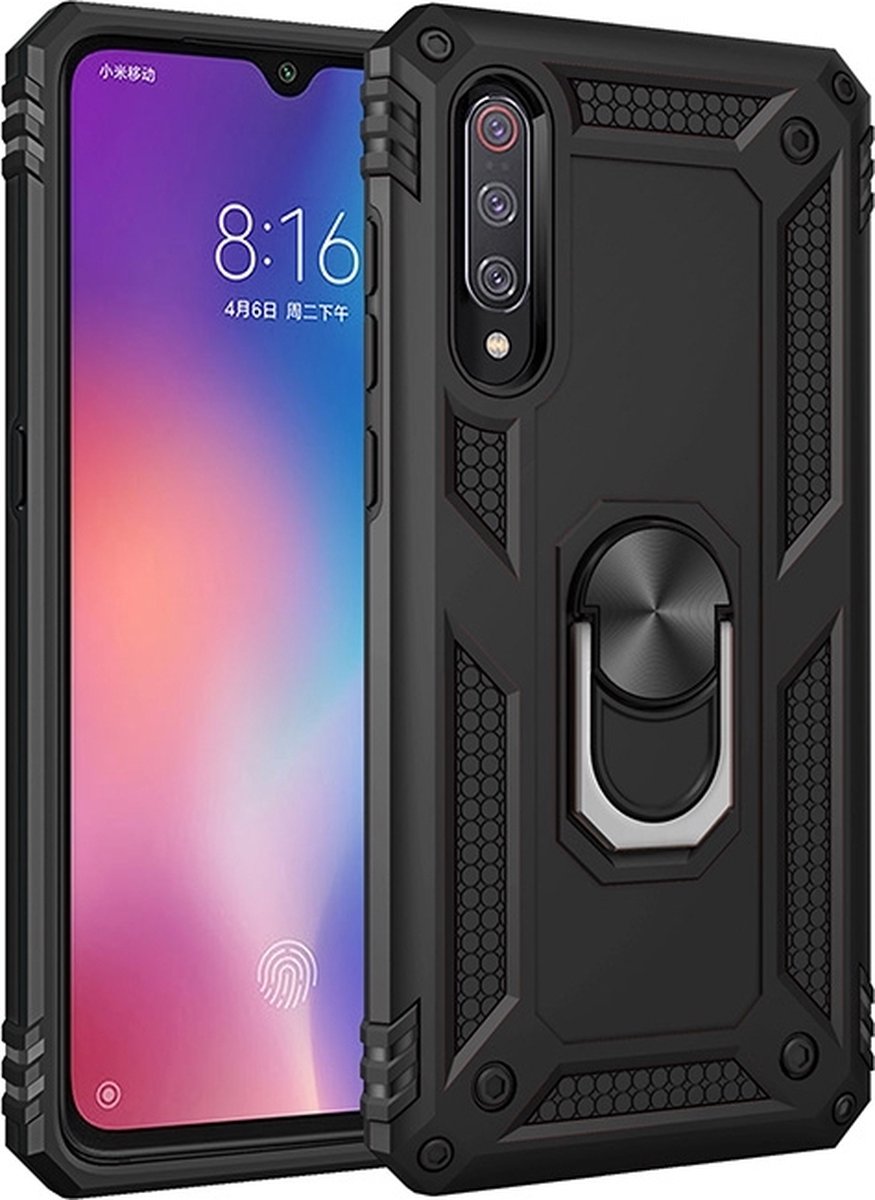 Mobigear Hoesje geschikt voor Xiaomi Mi 9 Telefoonhoesje Hardcase | Mobigear Armor Ring Backcover Shockproof met Ringhouder | Schokbestendig Mi 9 Telefoonhoesje | Anti Shock Proof - Zwart