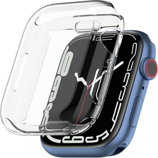 Transparant Apple Watch hoesje wordt boven een blauw Apple Watch met een witte wijzerplaat geplaatst.