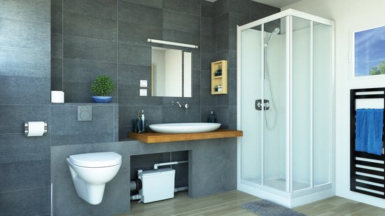 Aquamatix Trituradora Sanitaria 400W Bomba de Elevación sanitaria 100 l/min, distancia de bombeo vertical de 6,5 m con 3 entradas para inodoro, fregadero y bañera con filtro de carbón