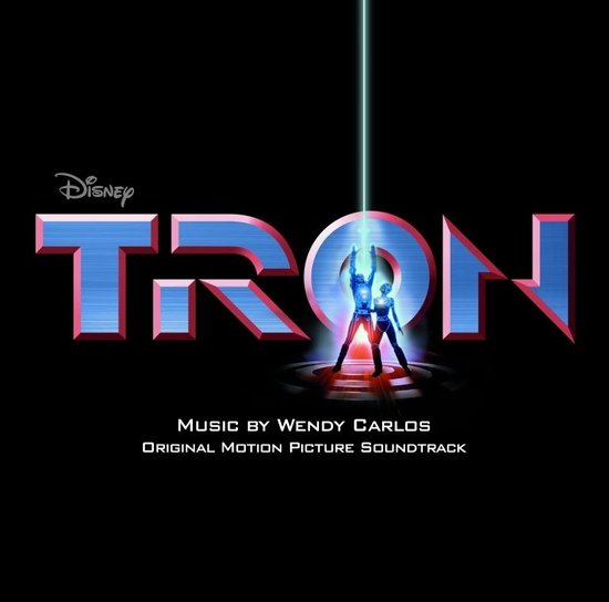 Logo TRON avec deux personnages tirant un faisceau de lumière vers le haut. Musique de Wendy Carlos.