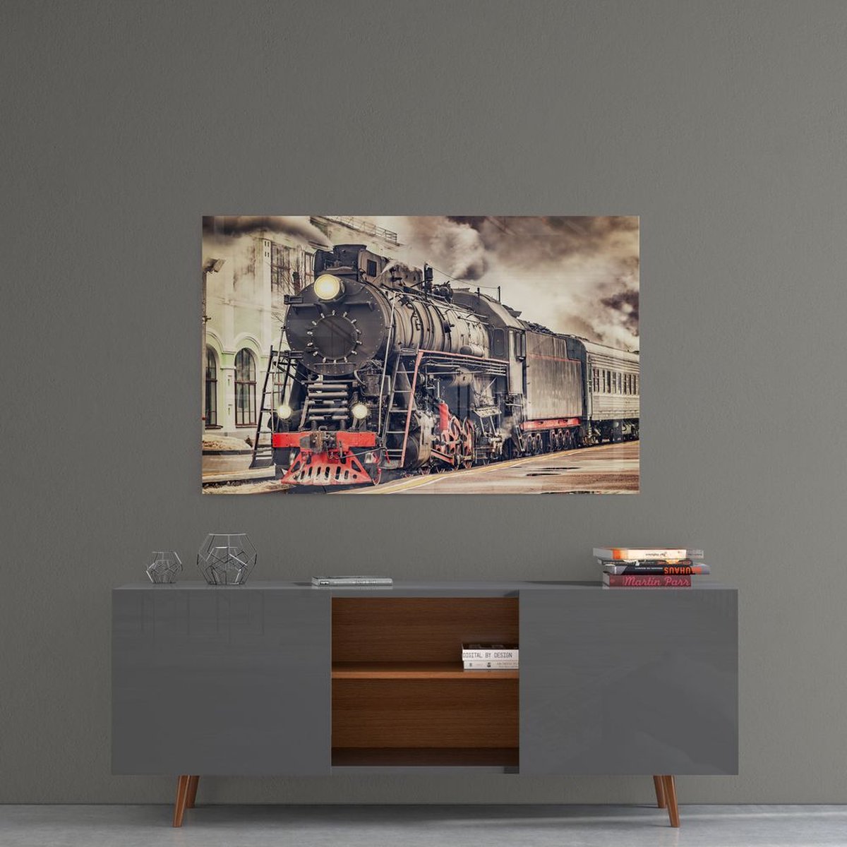 Insigne Art Insigne Glazen Schilderijen - Trein - Wanddecoratie - Geharde Glasschilderij - 110x70 cm | 4 mm Grijs