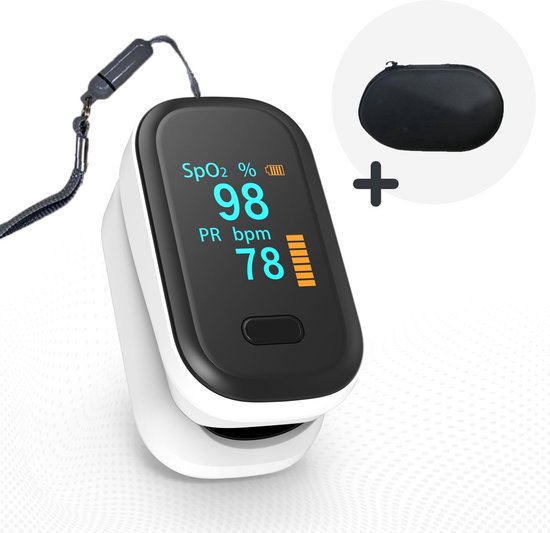 ®Saturatiemeter zuurstofmeter vinger Oximeter CE + FAGG Medische kwalificatie en inspectie NL handleiding Koord + Opberghoes
