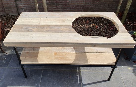 Big Green Egg Tafel - Buitenkeuken - 140x70cm - Gat 50cm - Zwart Staal en Hout - BBQ Tafel - Kamado Tafel - Barbecue - Bastard - Grill Guru - Kamado Joe - Ombouw - Onderstel - Geschikt voor vele modellen van Bastard — afbeelding 3