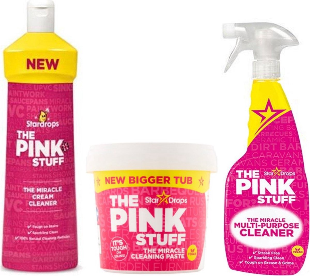 Stardrops The Pink Stuff Bundle - Crème nettoyante 500 ml + Pâte Pink Stuff  850 g + Spray nettoyant multi-usages 750 ml
