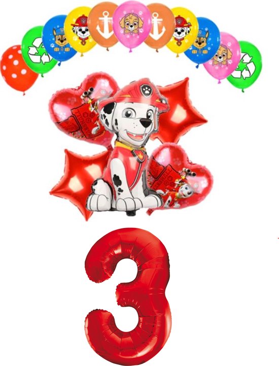 Paw Patrol folieballonnen -  Marshall - set van 18 ballonnen - 3 jaar - Kinderverjaardag - thema