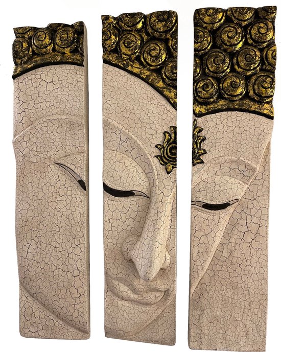 3-luik Boeddha van mangohout wit / goud