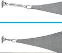 Detailopname van een grijs schaduwdoek bevestigd aan een wand met een stalen spankabel en oogplaat.
