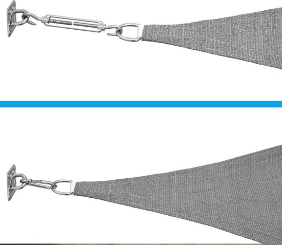 Detailopname van een grijs schaduwdoek bevestigd aan een wand met een stalen spankabel en oogplaat.