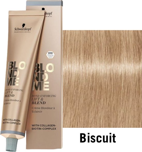 Schwarzkopf BlondMe Lift & Blend tube, kleur Biscuit, en een staal van lichtbruin haar.