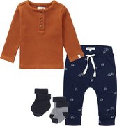 Noppies - Kledingset - 2delig - Broek Blauw met olifantjes - shirt Bruin opa sluiting - 2p sokjes - Maat 74