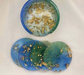 4 onderzetters met houder - Voor glazen - Groen / blauw met gouden vlokken - Epoxy