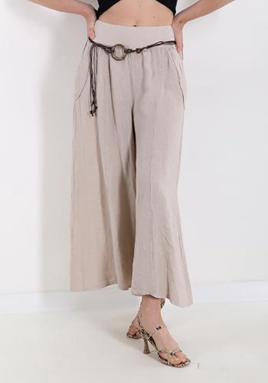 Pantalon long en Puur lin de couleur Beige, pantalon aéré en matière naturelle et talie élastique, modèle d'été confortable Taille L