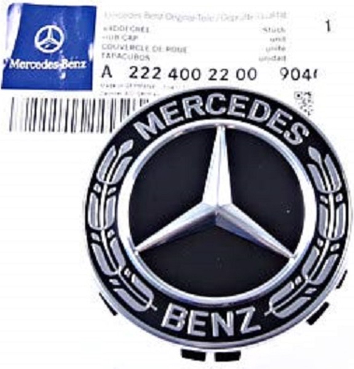 Set van 4 Originele Mercedes naafdoppen Zwart Krans - 75mm 75 mm - OEM - A 222 400 22 00 - Naafkappen - Originele Velgen - naafkapjes - wieldop - Embleem - Logo - Ster - A C E G S Klasse - Naafdopjes - AMG - 70mm 70 mm