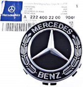 Set van 4 Originele Mercedes naafdoppen Zwart Krans - 75mm 75 mm - OEM - A 222 400 22 00 - Naafkappen - Originele Velgen - naafkapjes - wieldop - Embleem - Logo - Ster - A C E G S