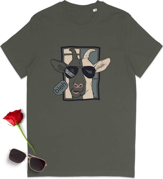 T-shirt drôle avec chèvre de dessin animé - T-shirt pour femme avec imprimé - T-shirt pour homme avec imprimé - Tailles unisexes : SML XL XXL XXXL - Couleurs du t-shirt : Wit kaki.