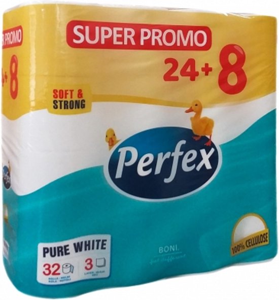 Verpakking Perfex toiletpapier met gele bovenkant, blauwe onderkant, twee eendjes en tekst 'Super Promo 24+8'.