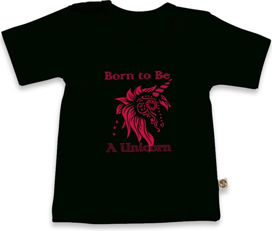 Wooden Buttons - T Shirt Baby - Eenhoorn - Unicorn - Zwart - Maat 86