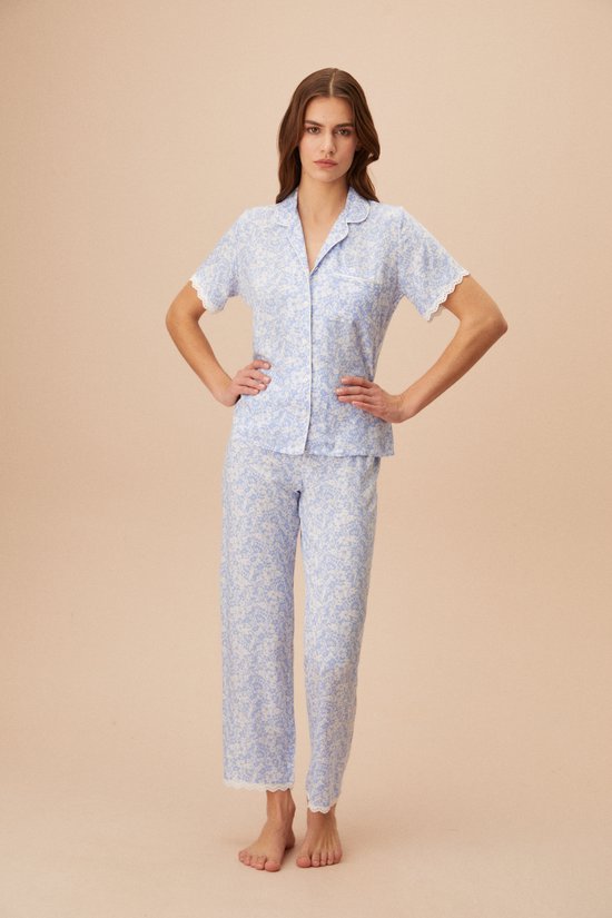 Suwen- Viscose Dames Pyjama- Luxe Pyjamaset- Satijn Blauw Maat S