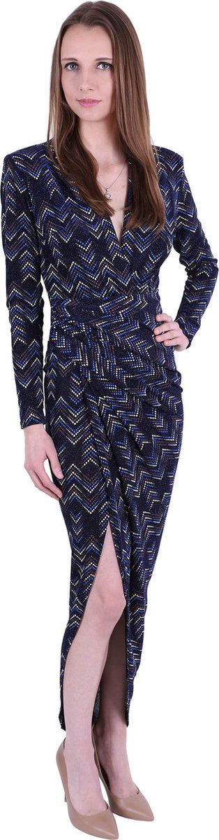 Robe longue drapée à motif géométrique bleu marine John Zack S