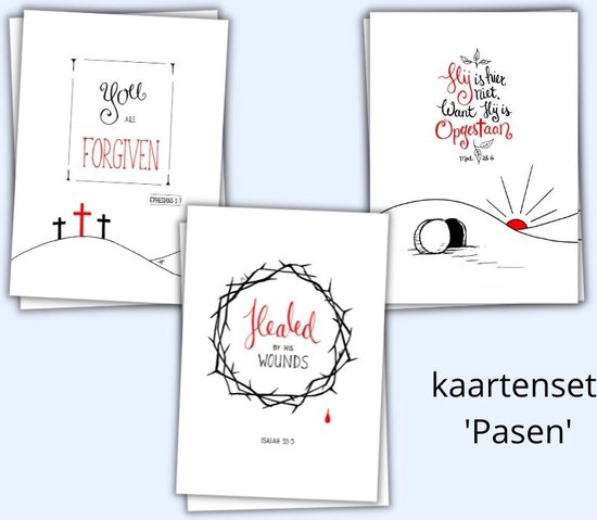 Drie christelijke kaarten met Bijbelteksten. Een met een graf, een met drie kruisen en een met doornenkroon. Tekst 'kaarten set Pasen'.
