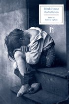 Boekomslag van Bleak House door Charles Dickens, met een foto van een treurend kind op een trap in blauwtinten.