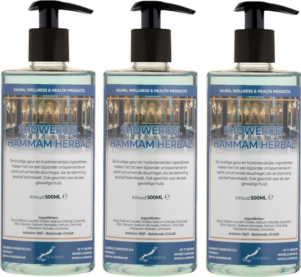 Goedkoopste Douchegel Hammam Herbal 500 ml - set van 3 stuks - met gratis pomp - Showergel