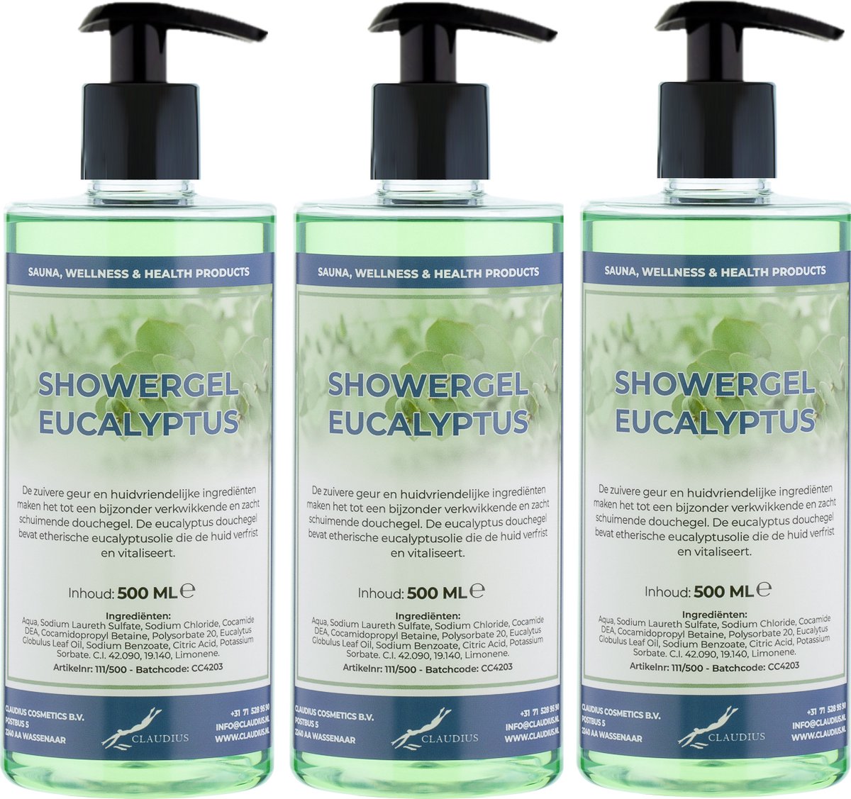Goedkoopste Douchegel Eucalyptus 500 ml - set van 3 stuks - met gratis pomp - Showergel